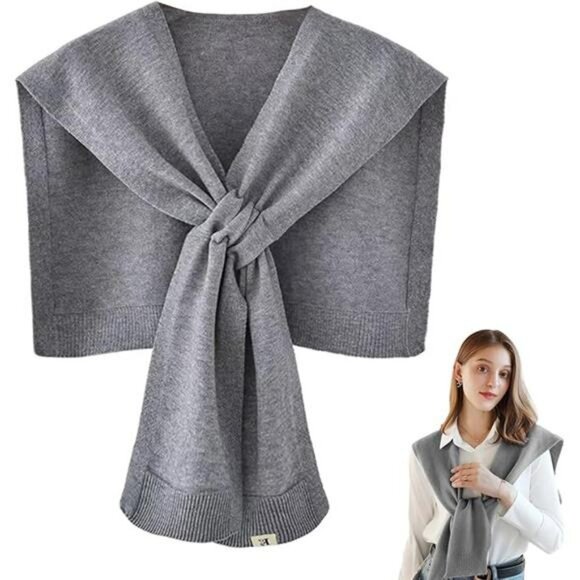 Khaki Knit Shawl Wrap Sweater Lightweight Poncho Cardigan for Women Travel - Picture 7 of 7